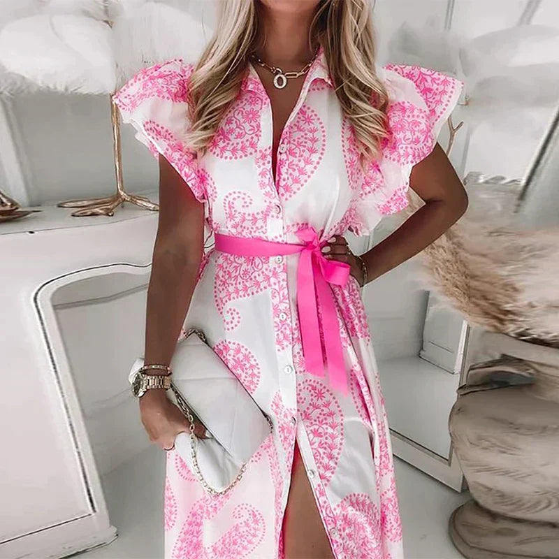 LP | Button print midi dress with ruffle short sleeve