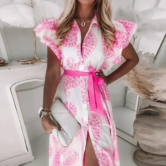LP | Button print midi dress with ruffle short sleeve