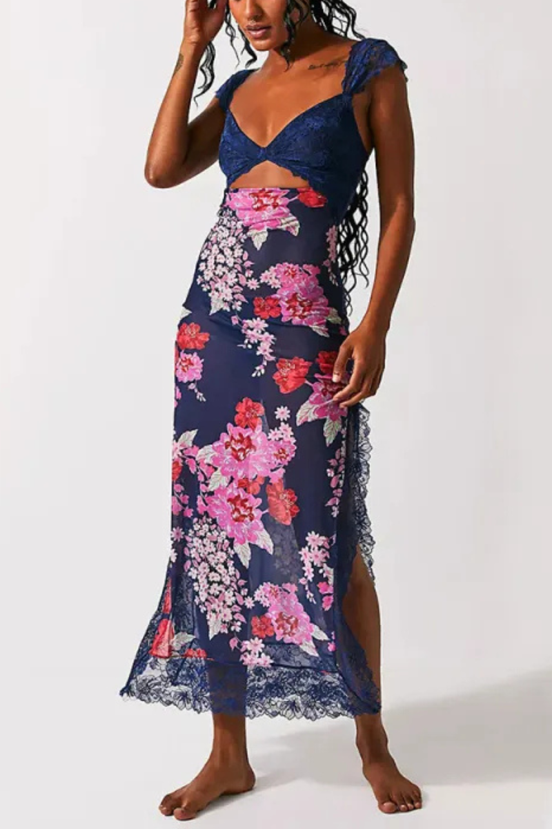 Vionette | Flowers V-neck Lace Shoulder strap Dress