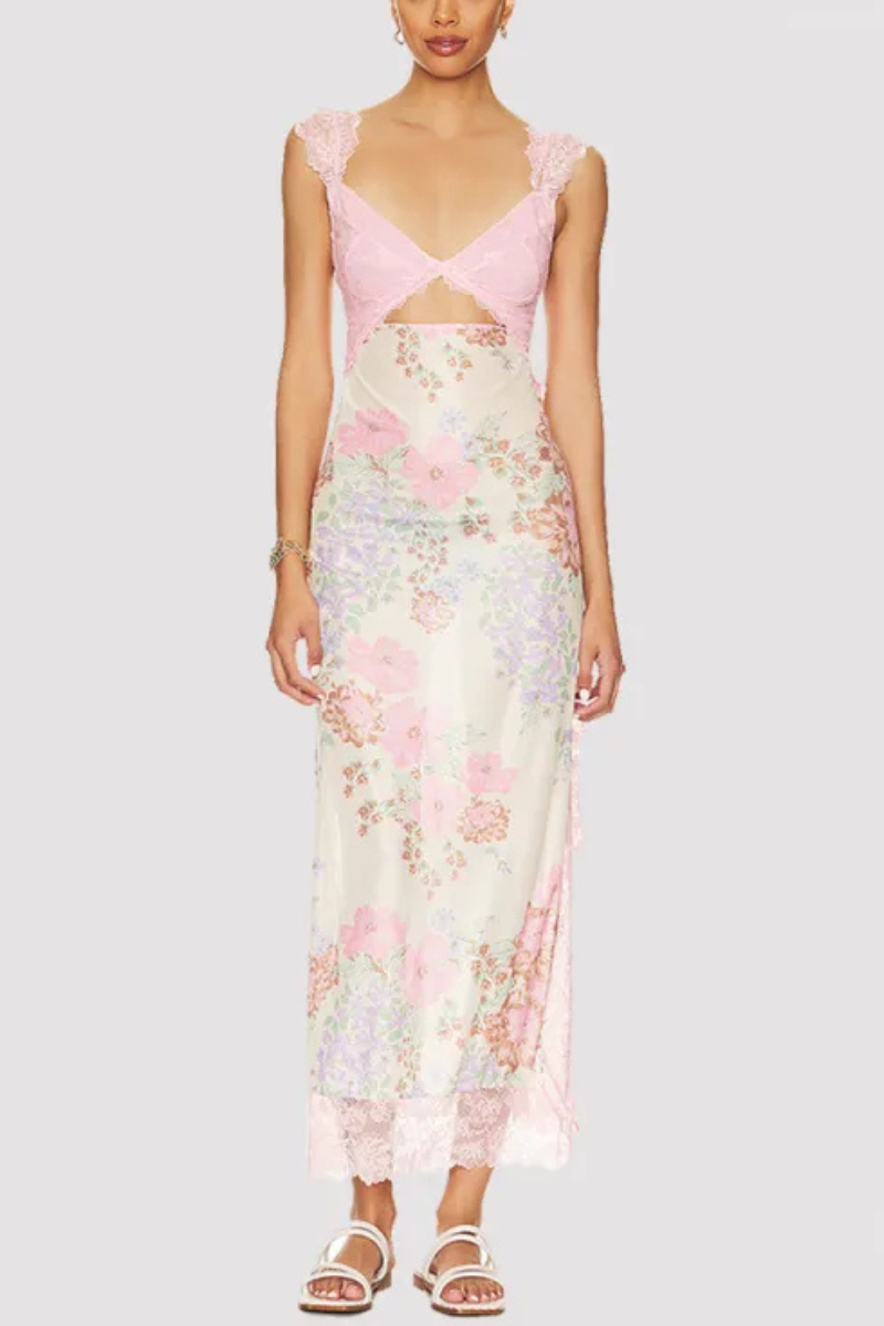 Vionette | Flowers V-neck Lace Shoulder strap Dress