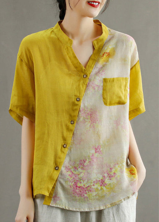 LP | Women Yellow V-neck Print Asymmetrical Blouse Tops Short Sleeve