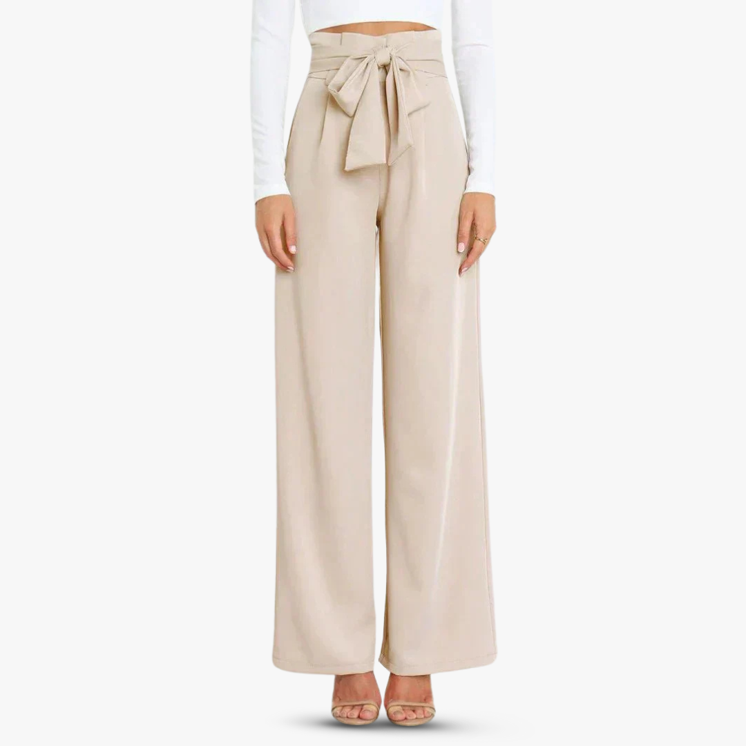 Wide-leg fabric pants for ladies with tie belt
