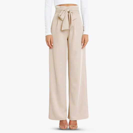 Women's wide-leg fabric pants with tie belt