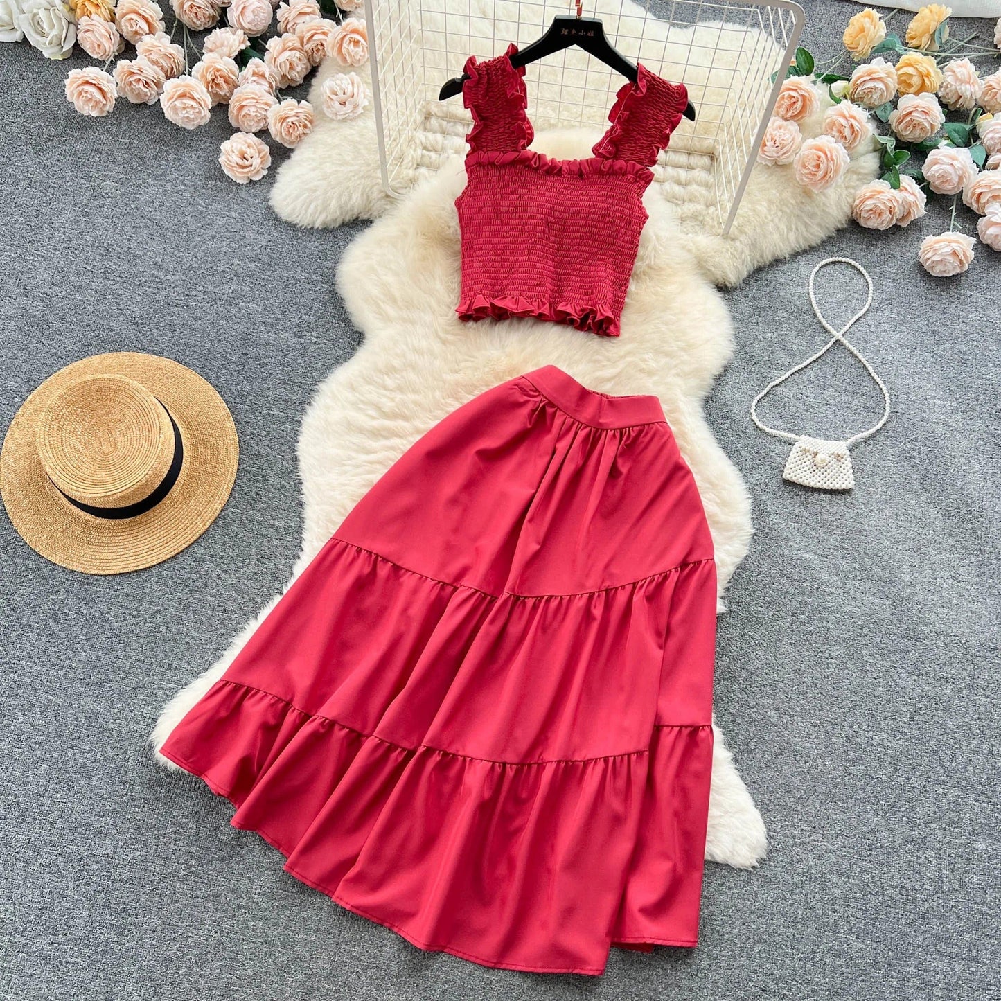 LP | Sleeveless pleated top and skirt set