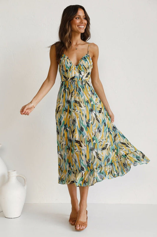 Adela midi summer dress with print and fringe