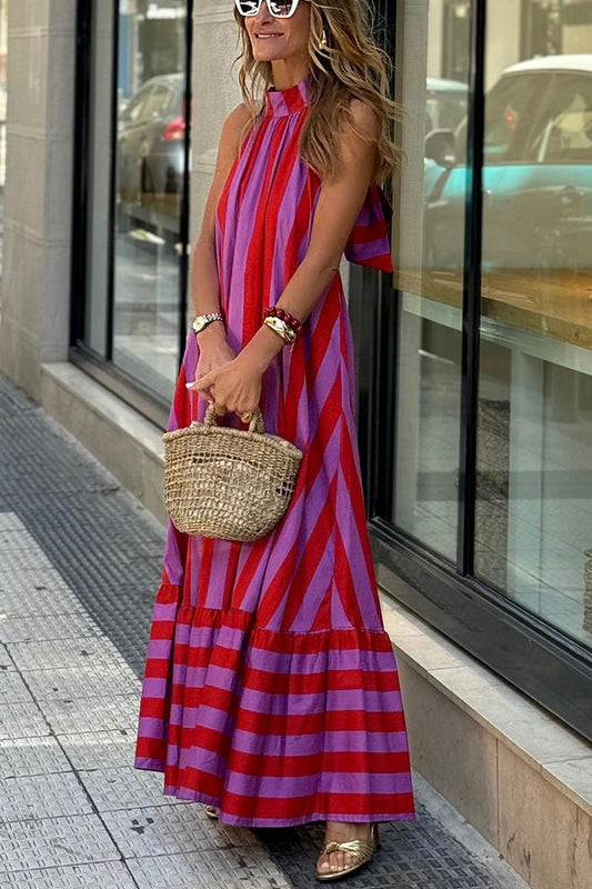 A-line maxi dress of linen blend with striped halterneck neckline