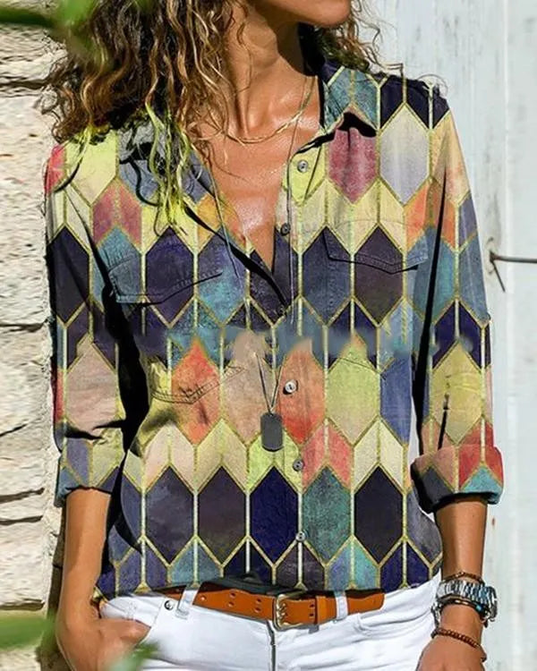 LP MW color-blocked top with casual collar and long sleeves