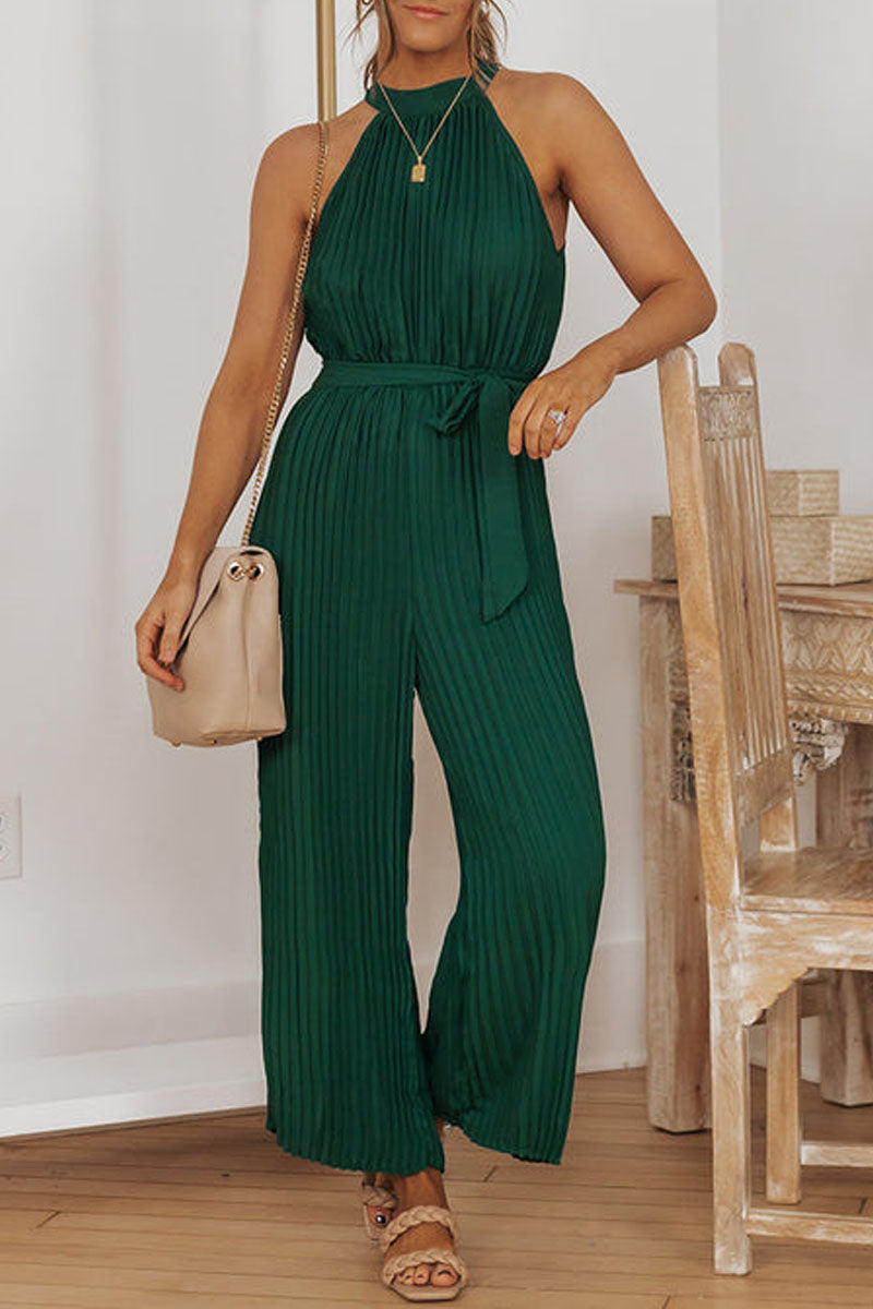 Accordion pleated belt with Grecian neckline sleeveless jumpsuit dress