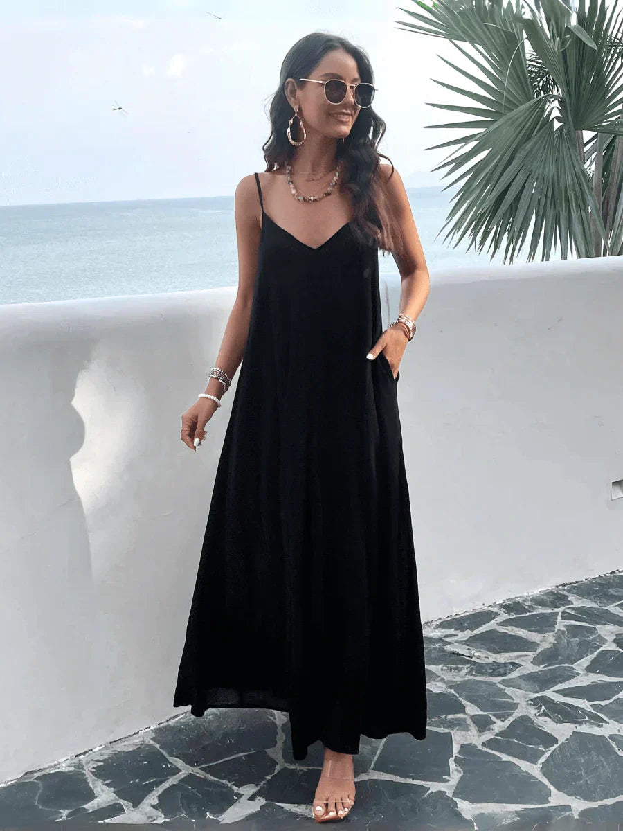 V-neck Loose Waist Sleeveless Dress Plain