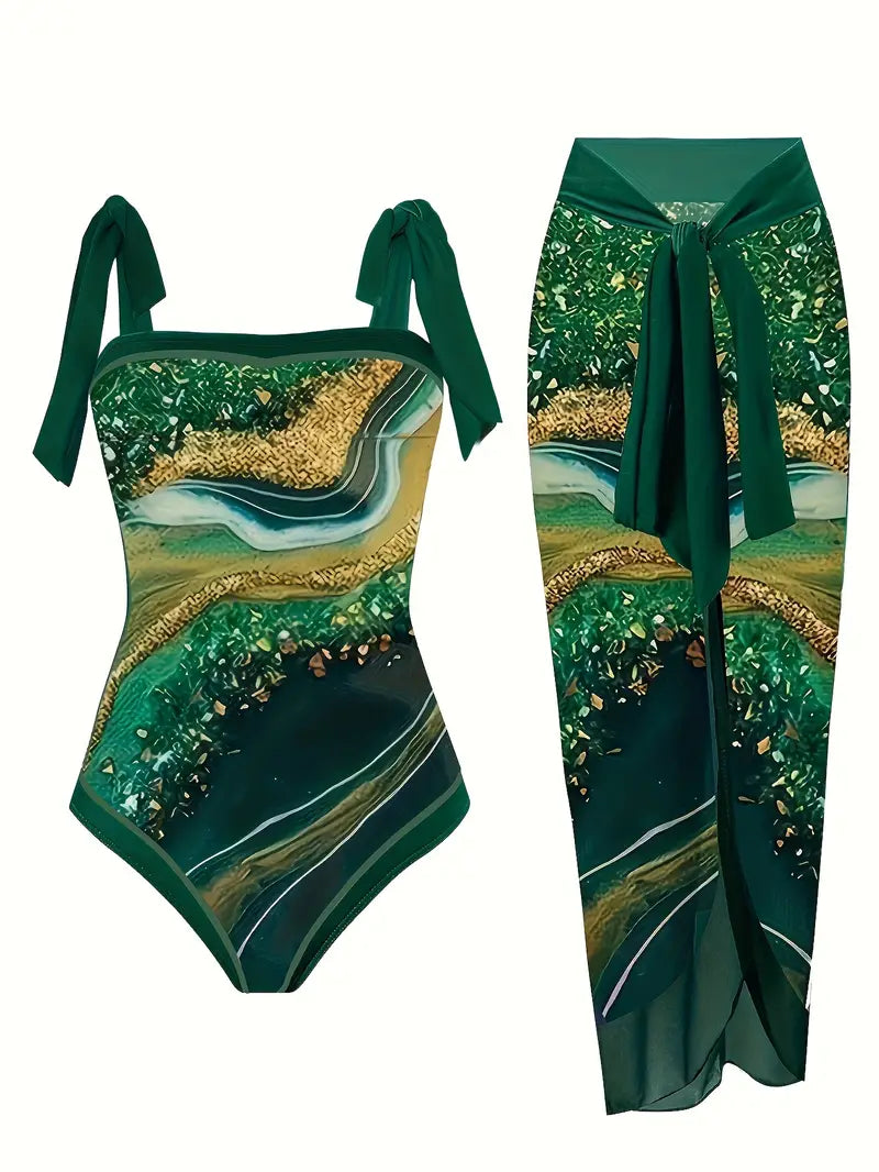 Elegant swimsuit & skirt with marble print in one piece