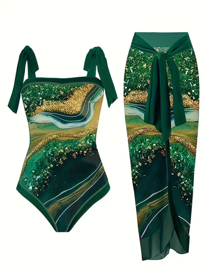 Elegant swimsuit & skirt with marble print in one piece