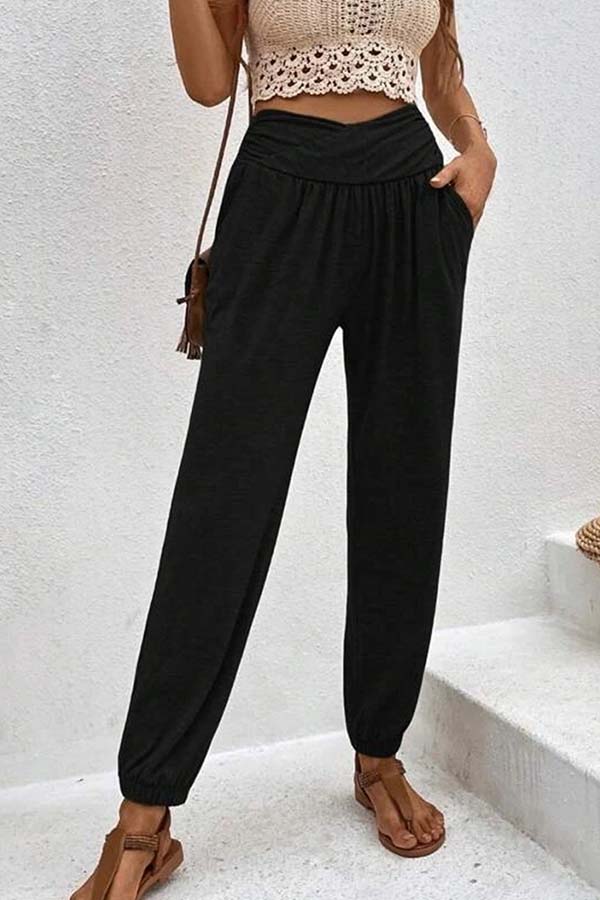 Temperament casual loose pocket high waist pants
