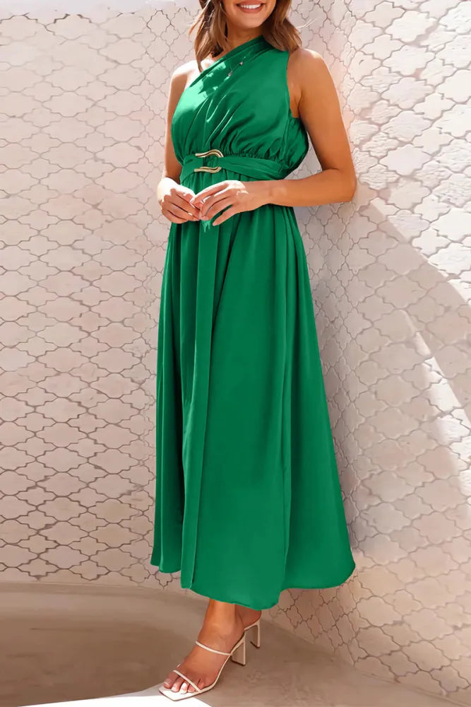 LP | Elegant evening dresses with slant neckline and large metallic decorations