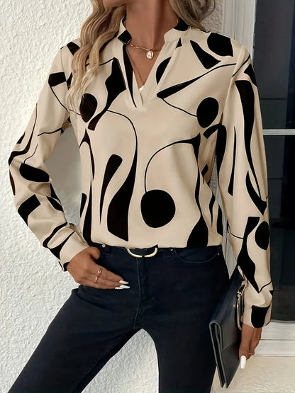 LP | V-neck blouse with geoprint, comfortable long-sleeved top