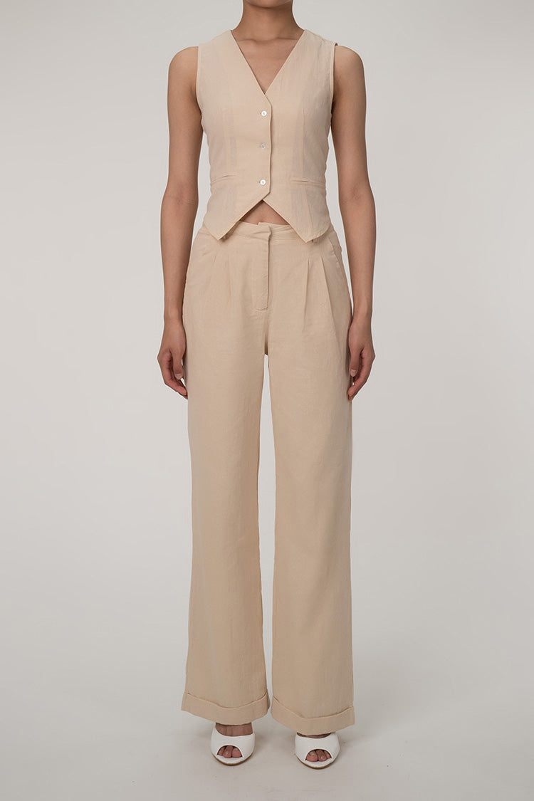 Casual V neck button up vest wide leg two-piece cotton pleated pants set
