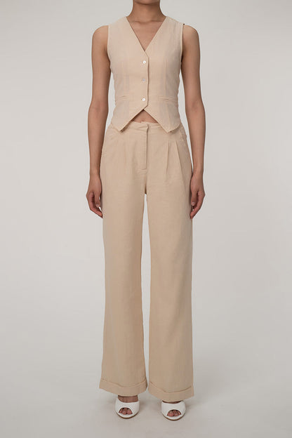 Casual V neck button up vest wide leg two-piece cotton pleated pants set