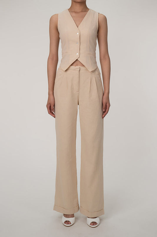 Casual V neck button up vest wide leg two-piece cotton pleated pants set