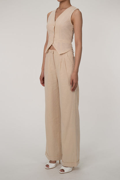 Casual V neck button up vest wide leg two-piece cotton pleated pants set
