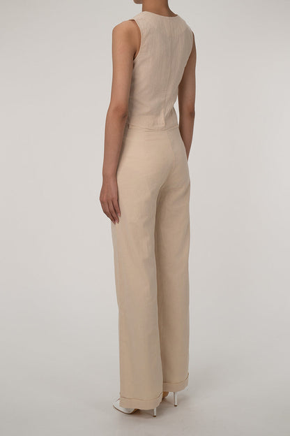 Casual V neck button up vest wide leg two-piece cotton pleated pants set