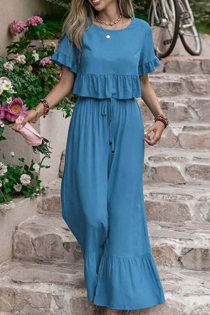 Casual loose one-color pants with short sleeves and wide legs two-piece set