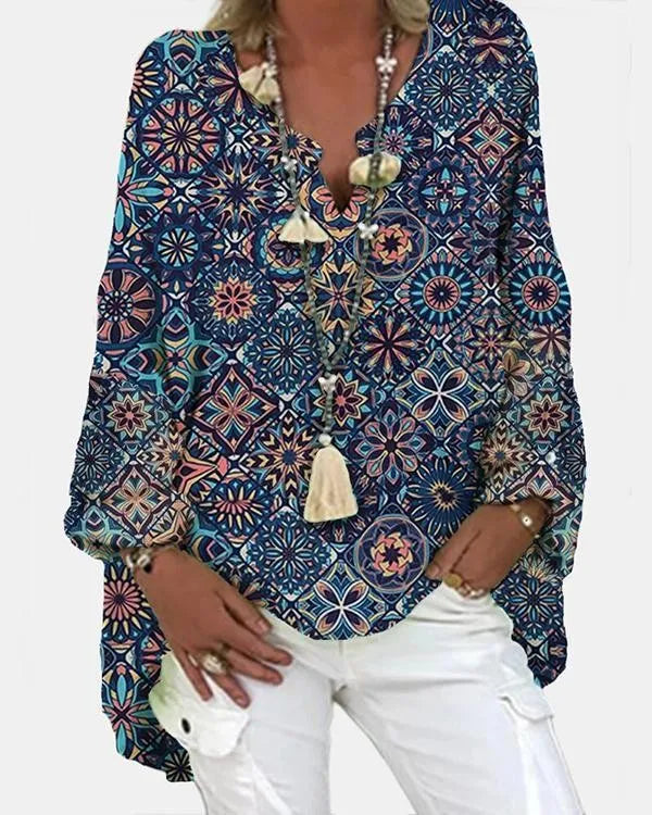 LP Women's casual blouse with geometric print and long sleeve with V-neck