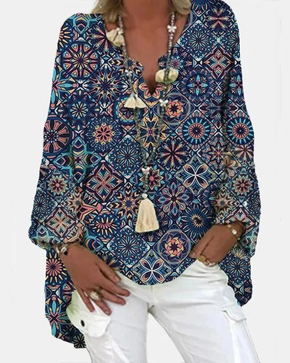 LP Women's casual blouse with geometric print and long sleeve with V-neck