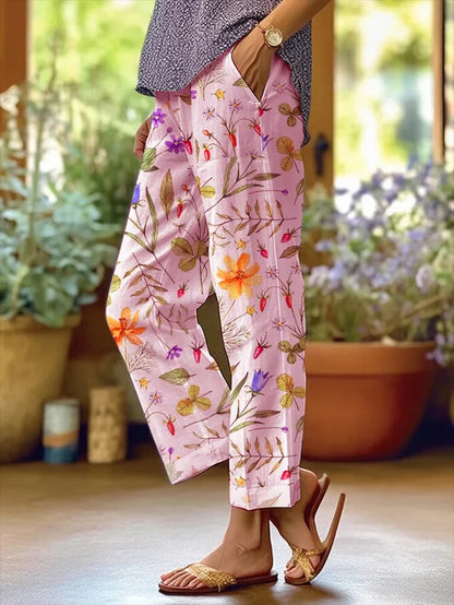 Women's Floral Pattern Loose Pocket Patchwork Casual Pants