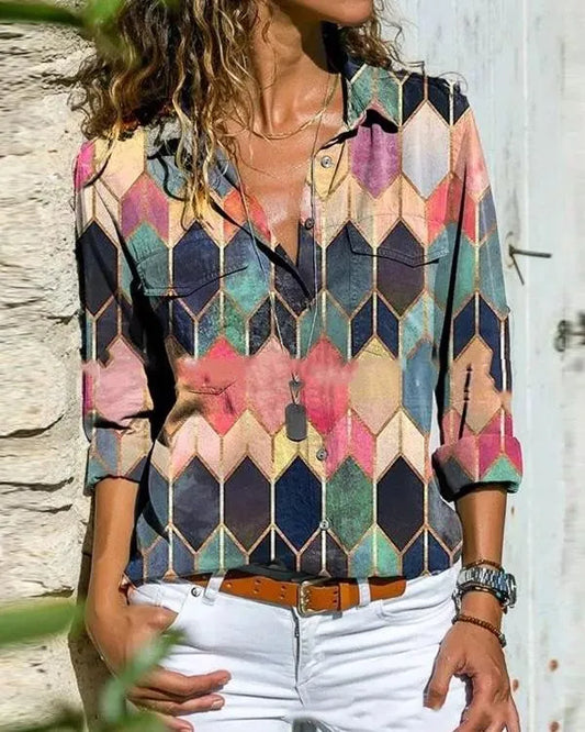 LP MW color-blocked top with casual collar and long sleeves