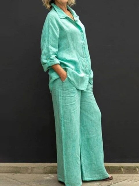 Casual linen blouse and trouser set