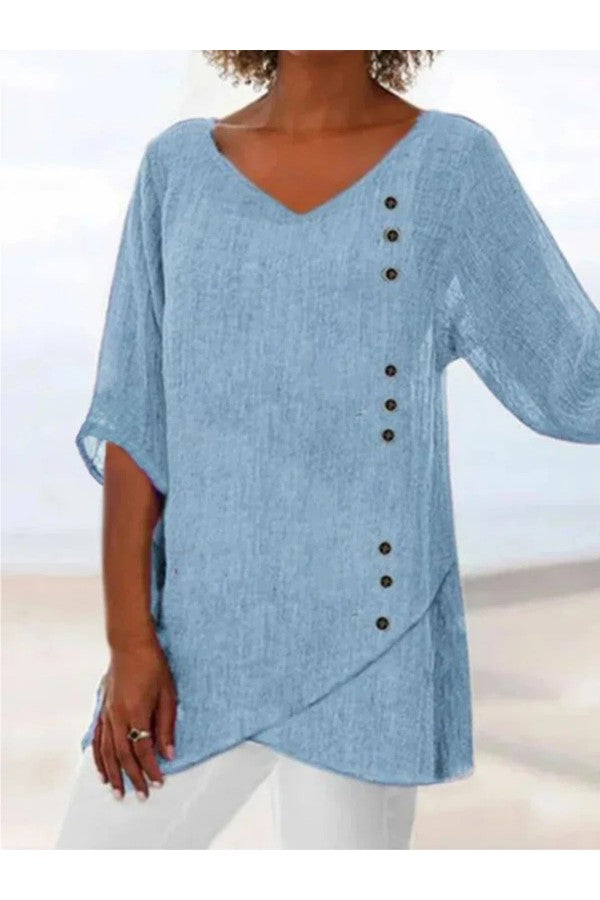 Camila Casual Blue Blouse V-Neck Half Solid Sleeve with Buttons