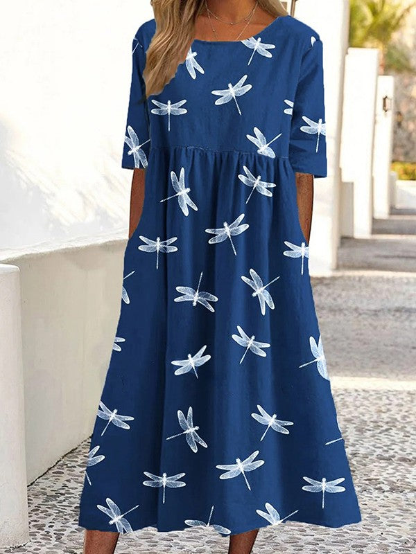 LP | Short-sleeved round dress with dragonflies print.
