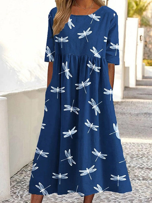 LP | Short-sleeved round dress with dragonflies print.