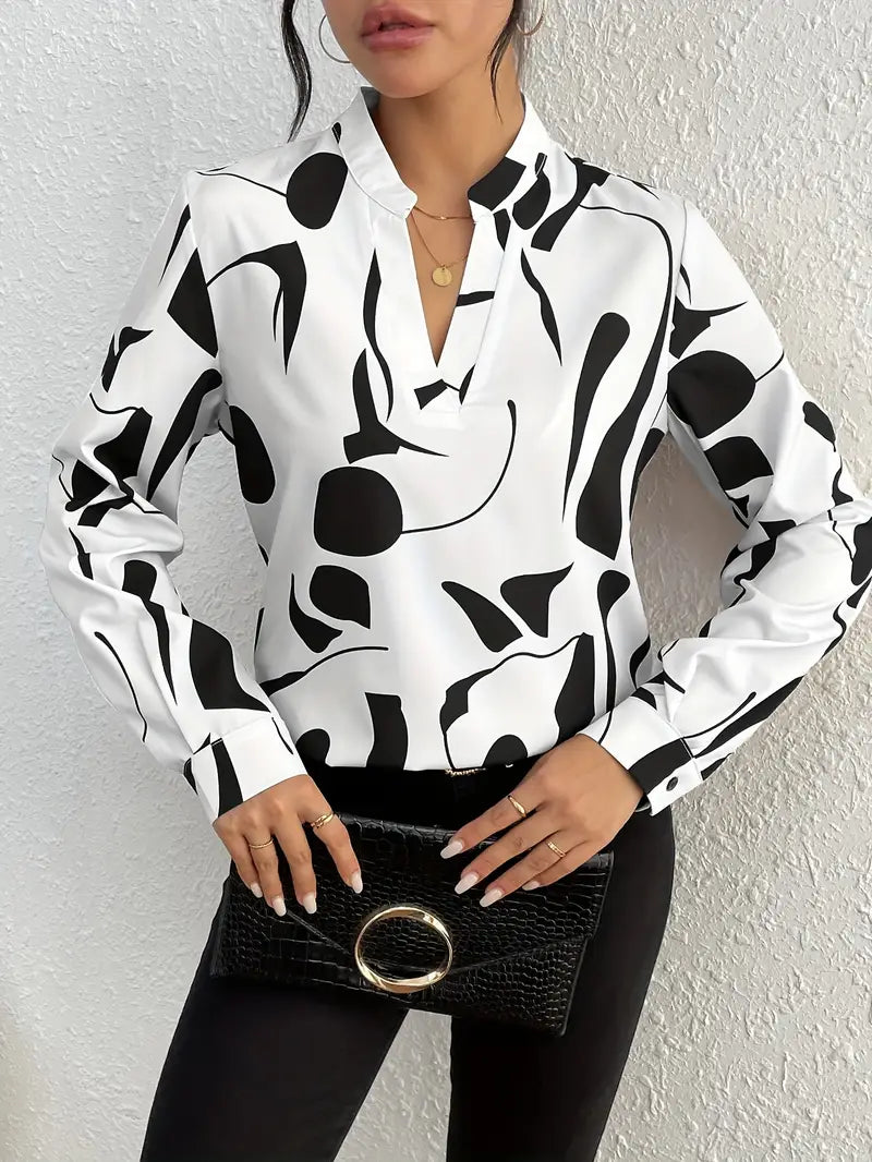 LP | V-neck blouse with geoprint, comfortable long-sleeved top