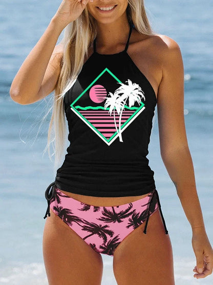 Stylish black halterneck swimsuit with print