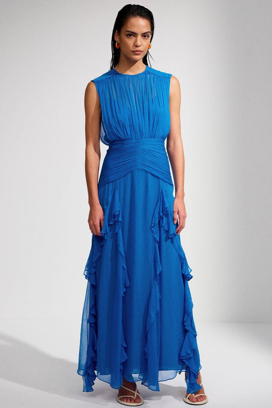 Eileen Pleated maxi dress with round neck and ruffles