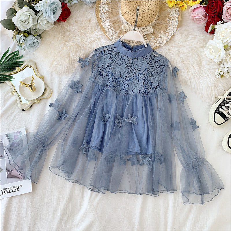 LP | Perspective Mesh Gauze Lantern Sleeve Thin Short Top Female Lace Leggings Petticoat