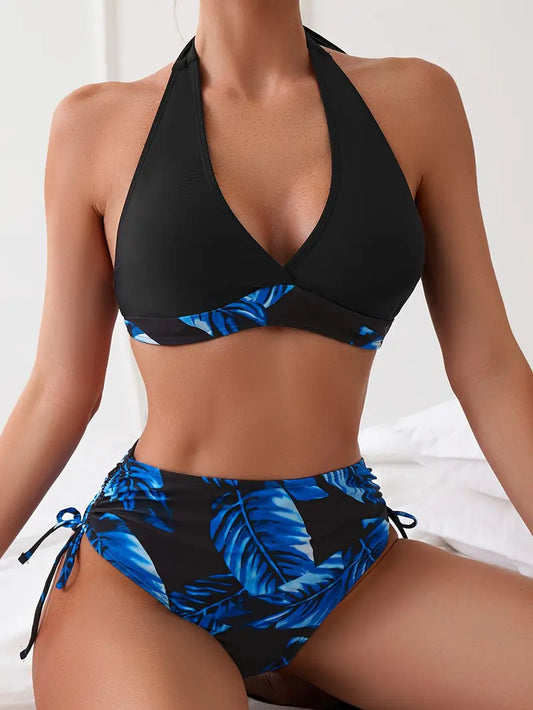 Stylish halter bikini with tropical leaf print
