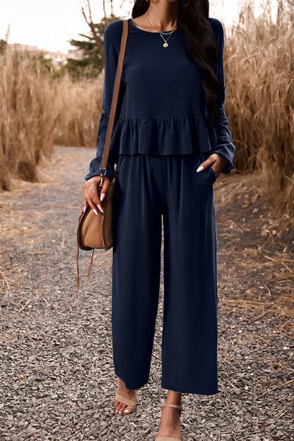 Temperament leisure suit one-color long-sleeved top loose pants