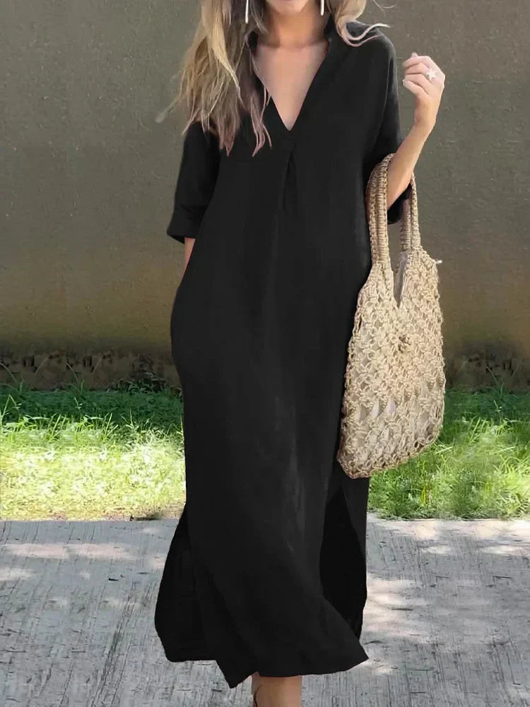 LP | Simple linen dress with V-neck and breast pocket.
