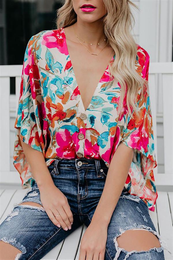 LP | Floral top with batwing sleeves and buttons