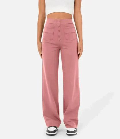 High-waisted pants with buttons down the front for women