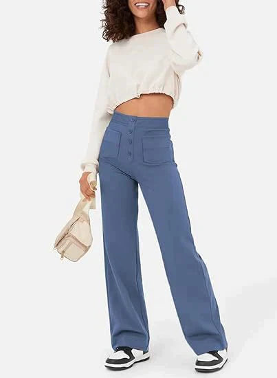 High-waisted pants with buttons down the front for women