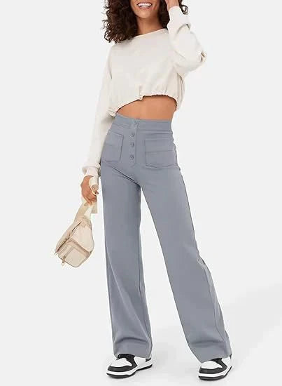 High-waisted pants with buttons down the front for women