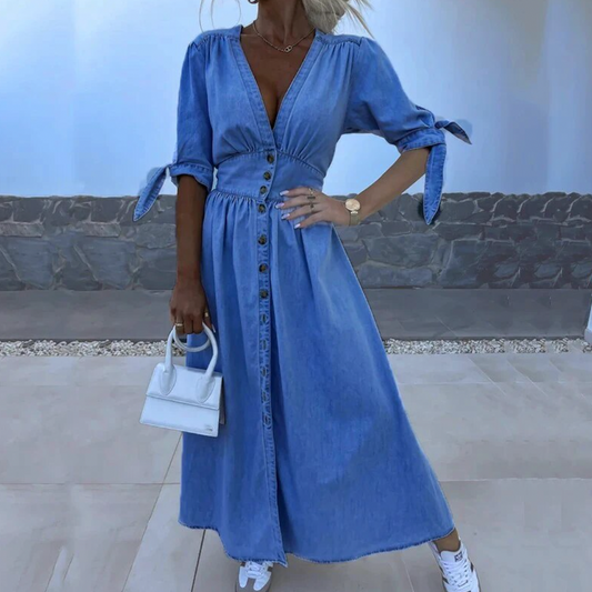 Modern dress with V-neck and button closure