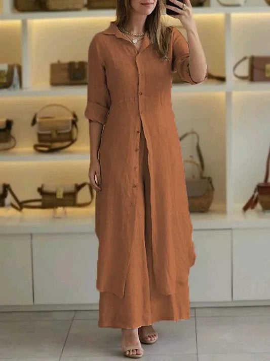 Long ensemble with buttoned maxi shirt with long sleeves and flowing pants