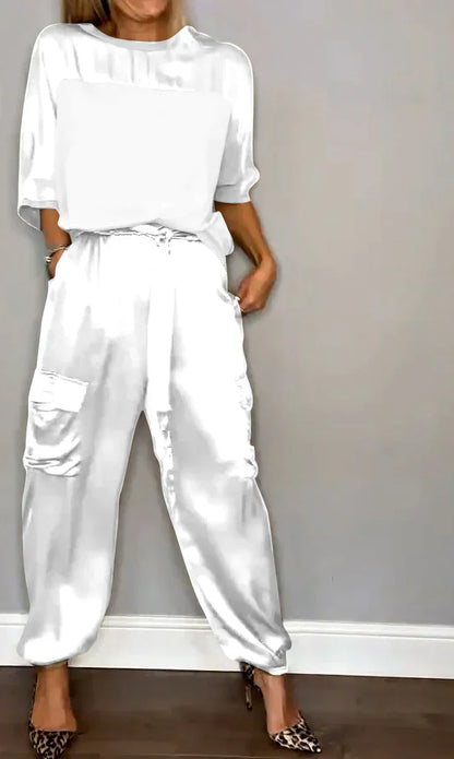 Two-piece set with one-color satin top and pants for ladies