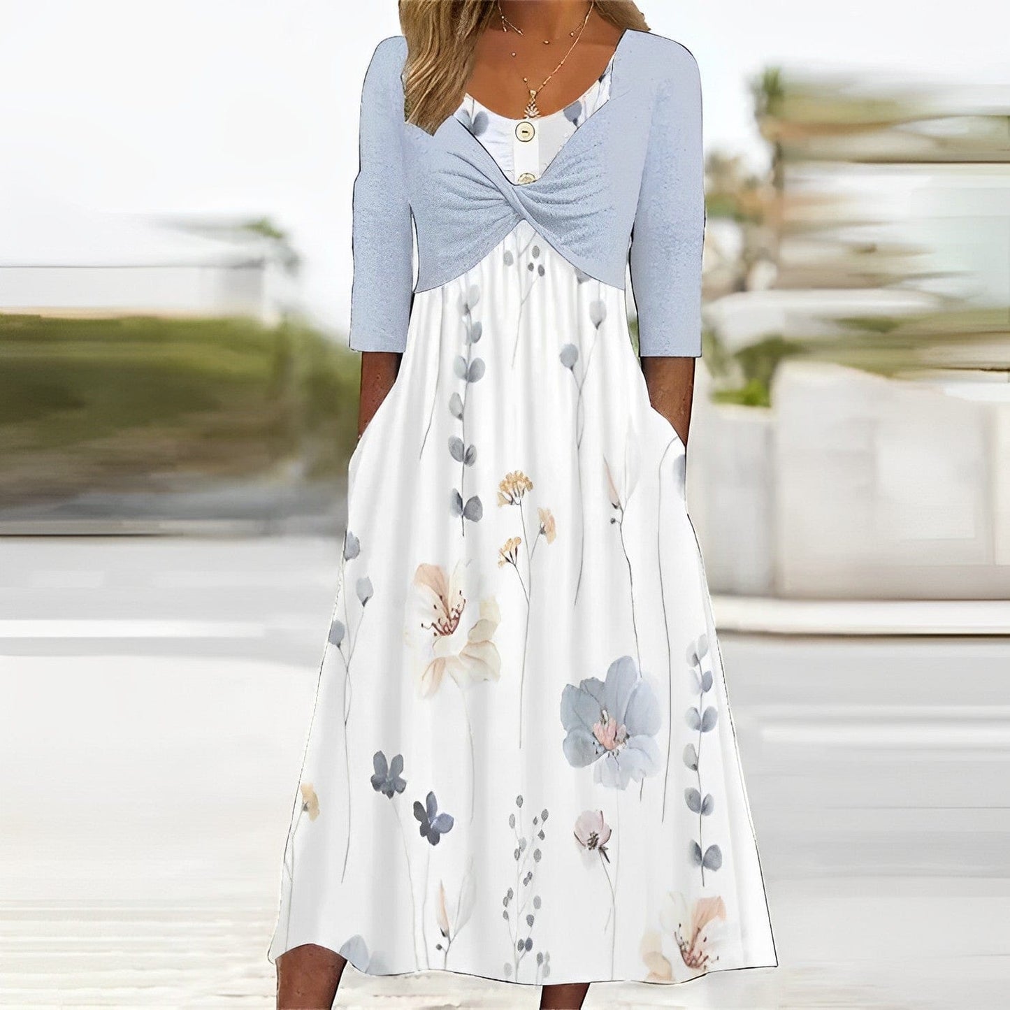 - Blue dress with print