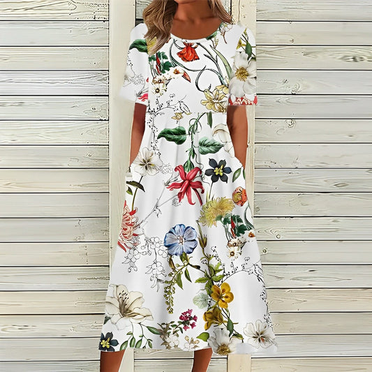 - Stylish white dress with floral pattern