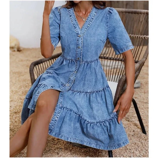 LP | gathered chambray mini dress with denim button closure.