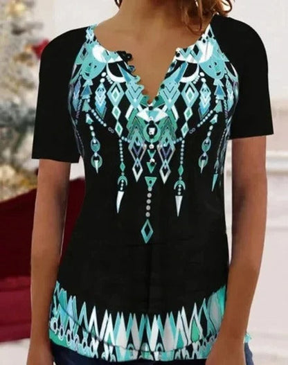 LP | Printed short-sleeved top with v-neck and button placket